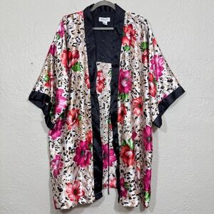 Vtg‎ 90s Santé Classics Satin Kimono Robe 1X Mob Wife Floral Leopard Y2K Retro